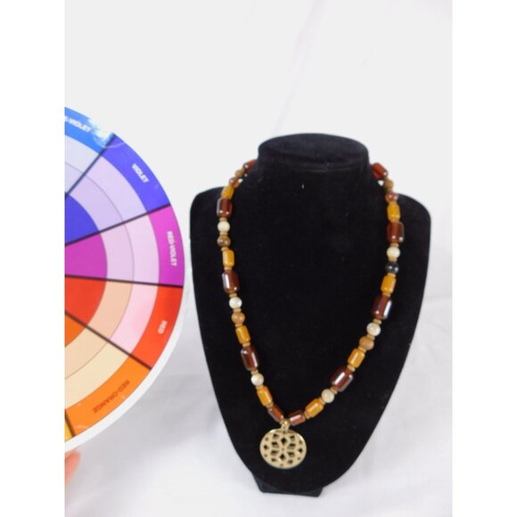 Vintage Beaded Pendant Necklace Boho Geometric Gold Tone Adjustable Statement Je - Picture 5 of 6